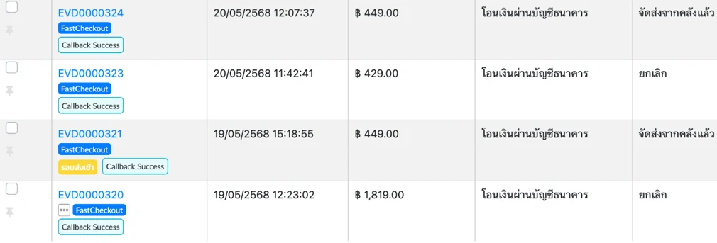 รายการใบสั่งซื้อกรองด้วยสั่งซื้อจาก FastCheckout แต่ละออเดอร์มีป้าย FastCheckout และบางออเดอร์มี Order Tag รอบส่งเช้า