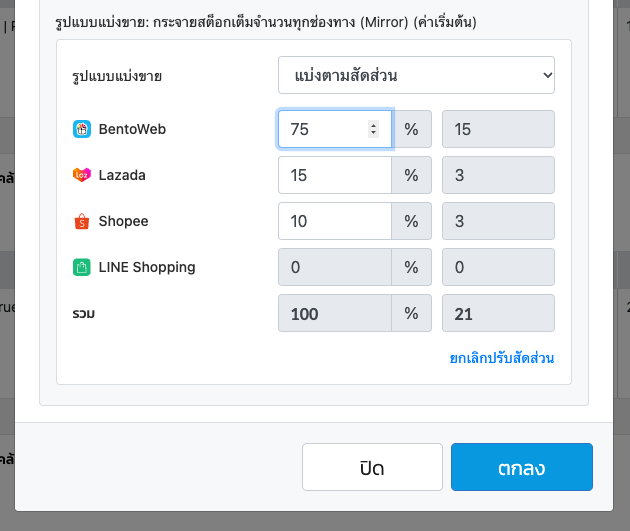 ส่วนตั้งสัดส่วนเฉพาะสินค้า (Custom) แบ่ง BentoWeb 75% Lazada 15% Shopee 10%
