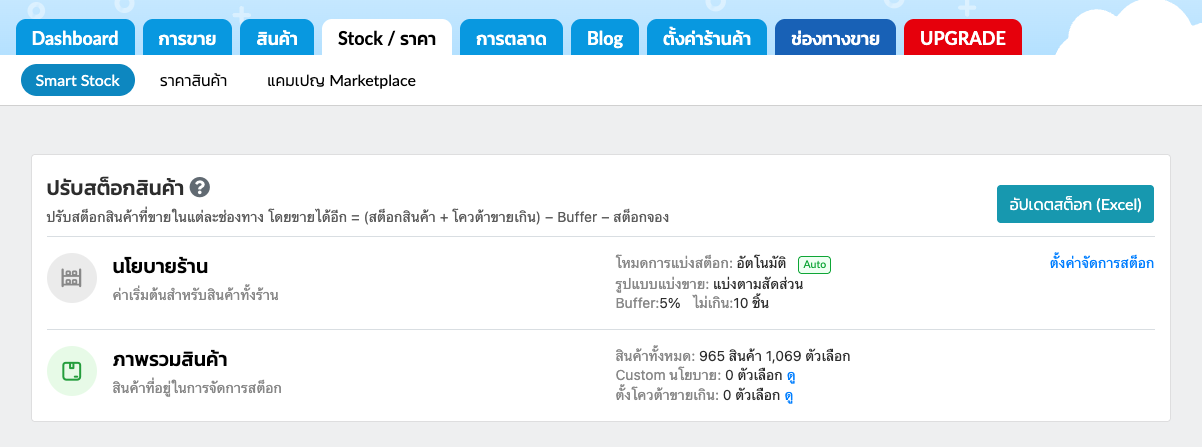 หน้าปรับสต็อกสินค้าของ Smart Stock แสดงกล่องนโยบายร้าน ภาพรวมสินค้า และตารางสินค้า